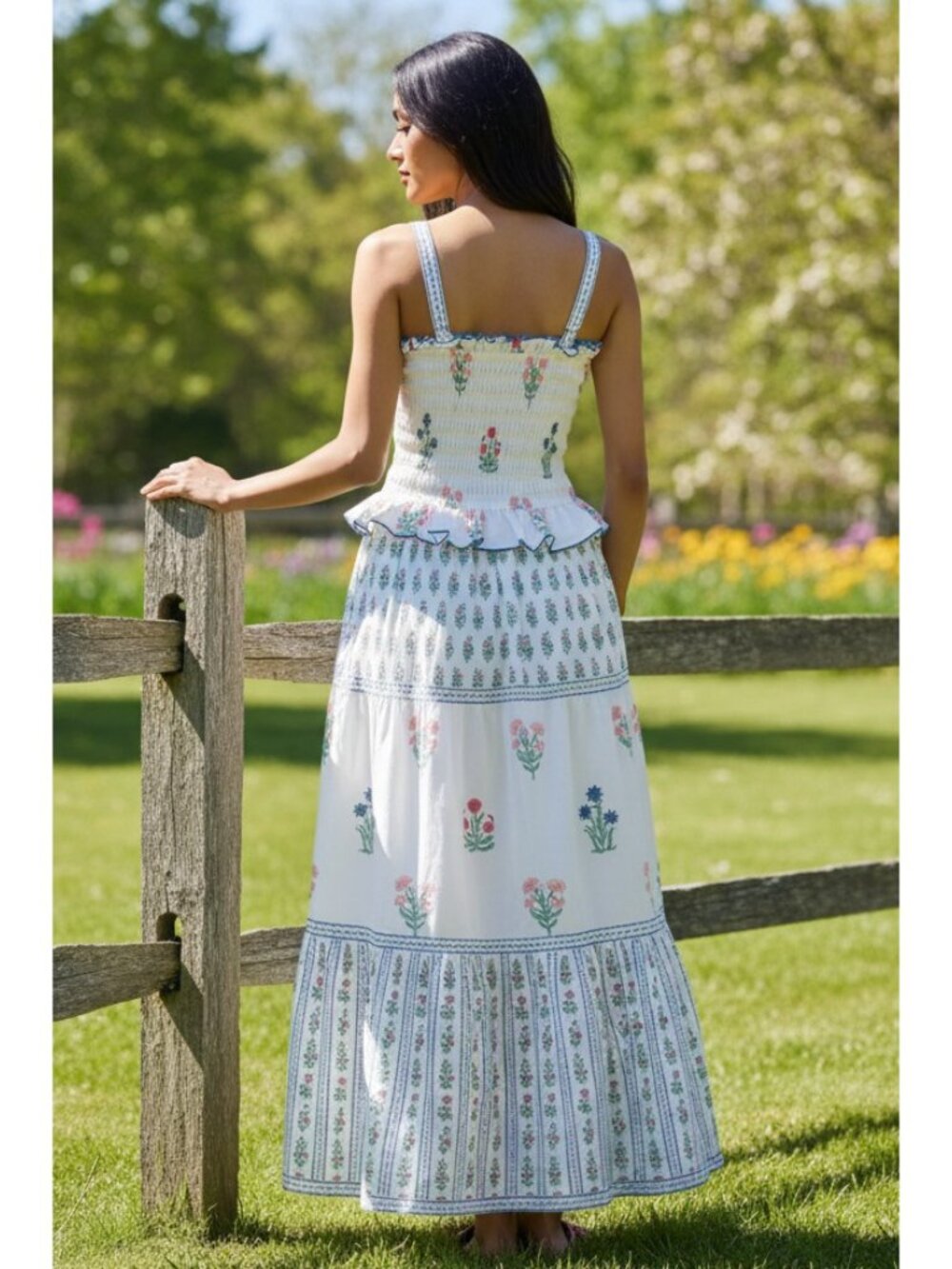 Retro Granny Floral Smock Ruffle Frill Square Neck Tiered Side Pocket Maxi Dress - Picture 3 of 8